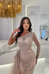 Split Front Column One Shoulder Tulle Long Sleeve Prom Evening Dresses with Appliques