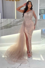 Split Front Column One Shoulder Tulle Long Sleeve Prom Evening Dresses with Appliques
