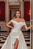 Split Front Off-The-Shoulder Stain Wedding Dresses with Ruffles