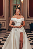 Split Front Off-The-Shoulder Stain Wedding Dresses with Ruffles