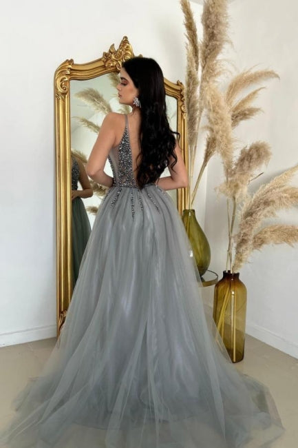 Split Front V-Neck A-Line Spaghetti Straps Floor-Length Tulle Sleeveless Prom Evening Dresses with Beadings