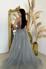 Split Front V-Neck A-Line Spaghetti Straps Floor-Length Tulle Sleeveless Prom Evening Dresses with Beadings