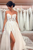Split Front A-Line Tulle Lace Sweetheart Floor-Length Sleeveless Charming Wedding Dresses with Appliques