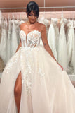 Split Front A-Line Tulle Lace Sweetheart Floor-Length Sleeveless Charming Wedding Dresses with Appliques