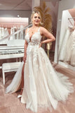 Split Front A-Line Tulle Sleeveless Spaghetti Straps Sweetheart Wedding Dresses with Appliques