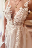 Split Front A-Line Tulle Sleeveless Spaghetti Straps Sweetheart Wedding Dresses with Appliques