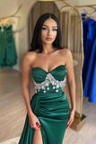 Split Front Dark Green Stain A-Line Sweetheart Sleeveless Prom Dresses with Beadings