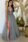 Split Front V-Neck A-Line Spaghetti Straps Floor-Length Tulle Sleeveless Prom Dress with Beadings