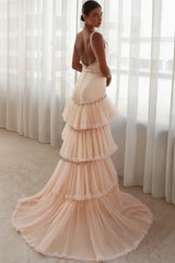 Square Neck Crystal Jewel Trim Wide Strap Satin Bodice Multi-Tier Pleated Crystal Trim Tulle Mermaid Evening Dress Chapel Train