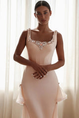 Square Neck Crystal Jewel Trim Wide Strap Satin Bodice Multi-Tier Pleated Crystal Trim Tulle Mermaid Evening Dress Chapel Train