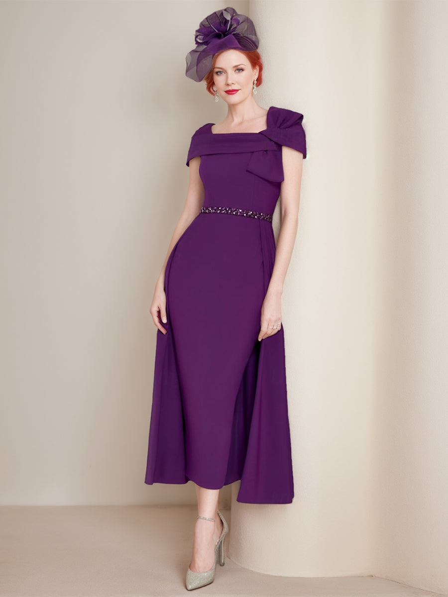 Square Neck Formal Mother of the Bride & Groom Sheath/Column Dresses with Bow and Belt