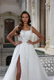 Square Neck High Split A-Line Stain Sleeveless Wedding Dress with Appliques