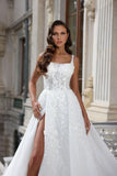 Square Neck High Split A-Line Stain Sleeveless Wedding Dress with Appliques