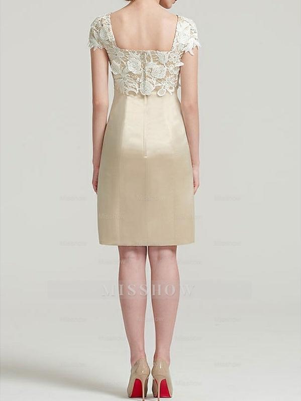Square Neck Knee-Length Satin Lace Sheath Dress with Short Sleeves and Pleated Appliques for the Mother of the Bride