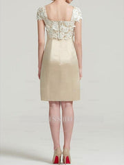Square Neck Knee-Length Satin Lace Sheath Dress with Short Sleeves and Pleated Appliques for the Mother of the Bride
