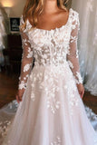 Square Neck Long Sleeves A-Line Lace Wedding Dress