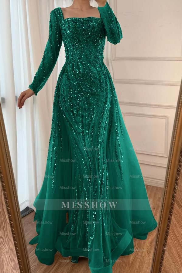 Square Neck Long Sleeves Long Mermaid Formal Dress With Beading Tulle