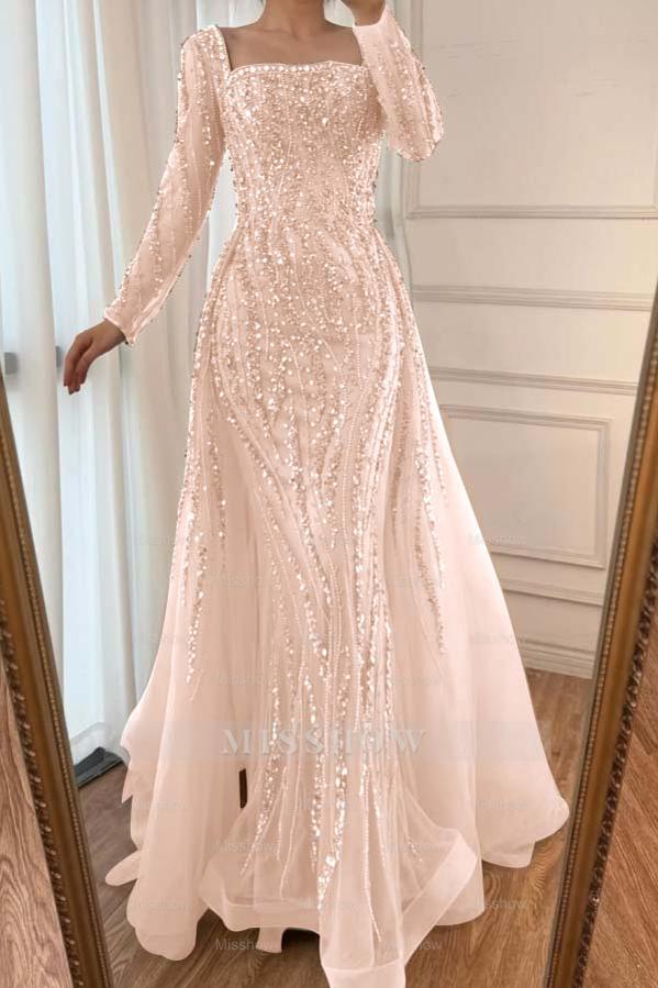 Square Neck Long Sleeves Long Mermaid Formal Dress With Beading Tulle