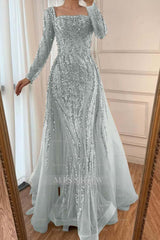 Square Neck Long Sleeves Long Mermaid Formal Dress With Beading Tulle