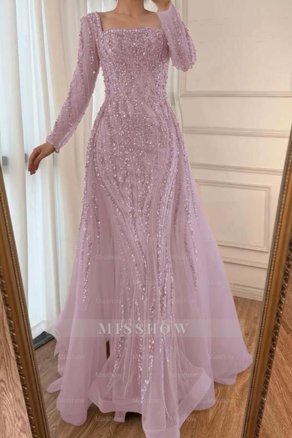 Square Neck Long Sleeves Long Mermaid Formal Dress With Beading Tulle