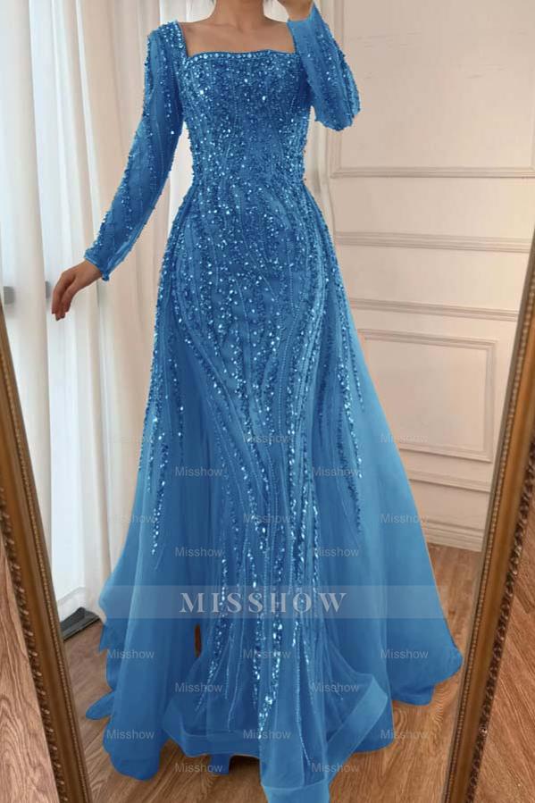 Square Neck Long Sleeves Long Mermaid Formal Dress With Beading Tulle