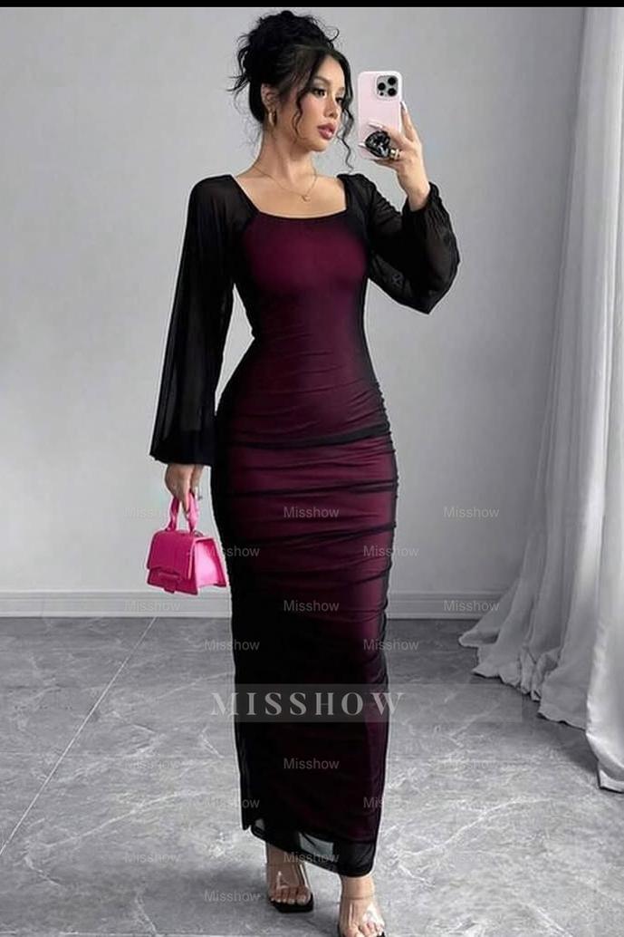 Square Neck Long Sleeves Long Mermaid Formal Dress With Pleated
