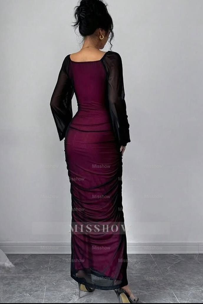 Square Neck Long Sleeves Long Mermaid Formal Dress With Pleated