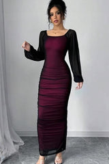 Square Neck Long Sleeves Long Mermaid Formal Dress With Pleated