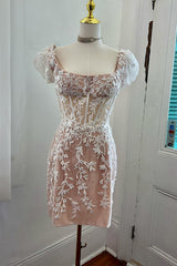 Square Neck Puff Cap Sleeve Floral Beaded Lace Applique Illusion Corset Panel V-Back Open Back Bodycon Homecoming Dress Mini