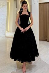 Square Neck Sleeveless Lace Applique Corset A-Line Tea Length Party Dress with Scallop Hem