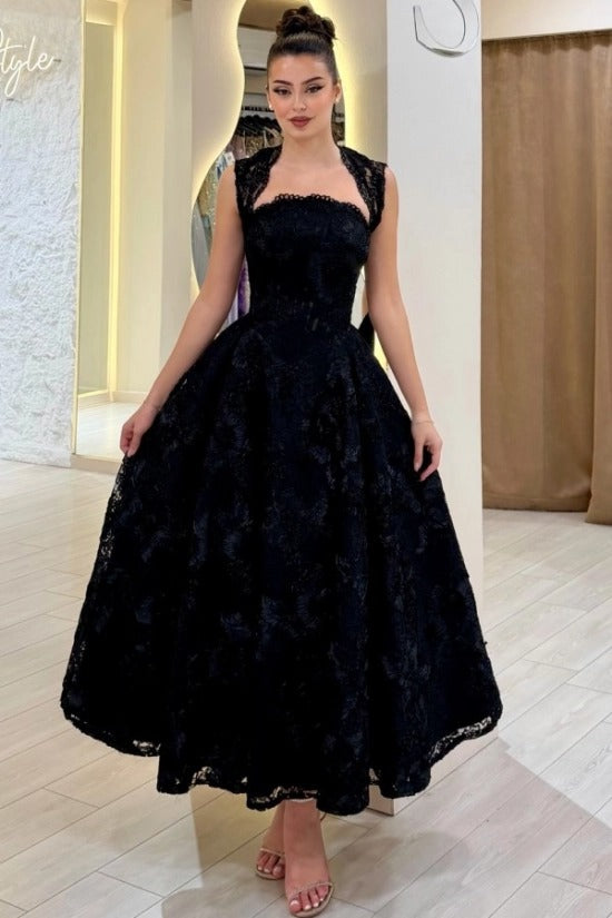 Square Neck Sleeveless Lace Applique Corset A-Line Tea Length Party Dress with Scallop Hem