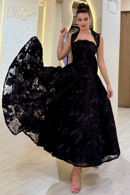 Square Neck Sleeveless Lace Applique Corset A-Line Tea Length Party Dress with Scallop Hem