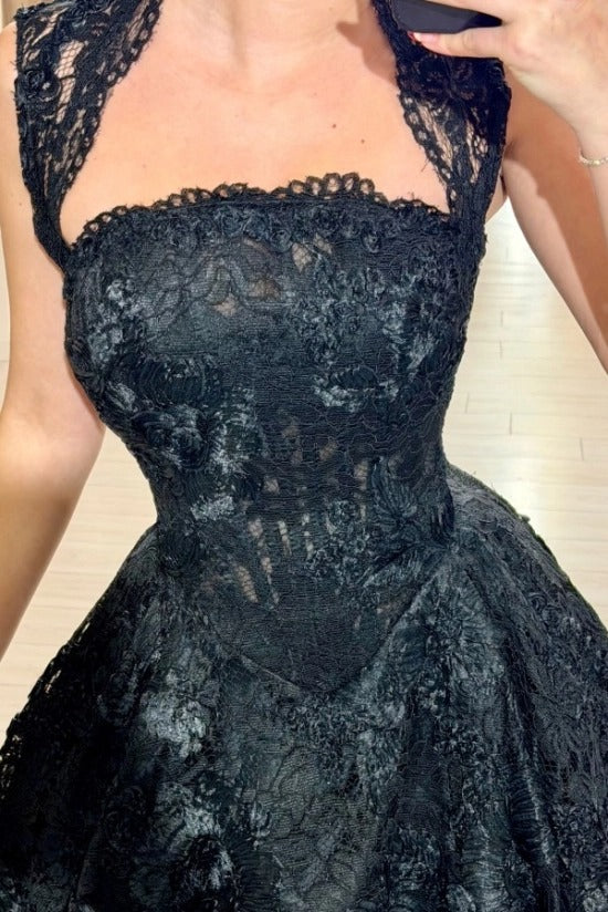 Square Neck Sleeveless Lace Applique Corset A-Line Tea Length Party Dress with Scallop Hem