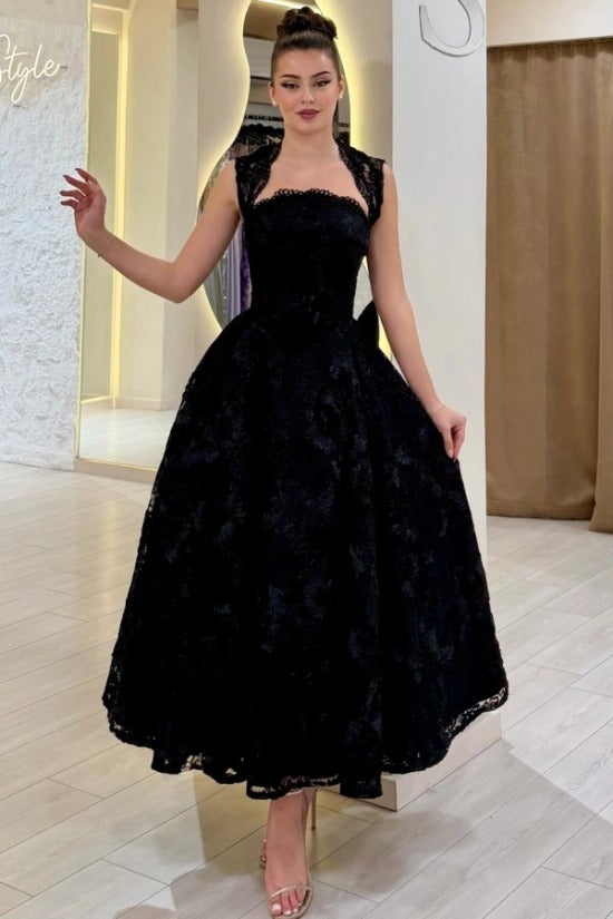 Square Neck Sleeveless Lace Applique Corset A-Line Tea Length Party Dress with Scallop Hem