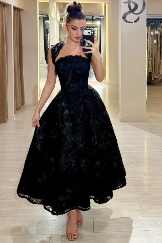 Square Neck Sleeveless Lace Applique Corset A-Line Tea Length Party Dress with Scallop Hem