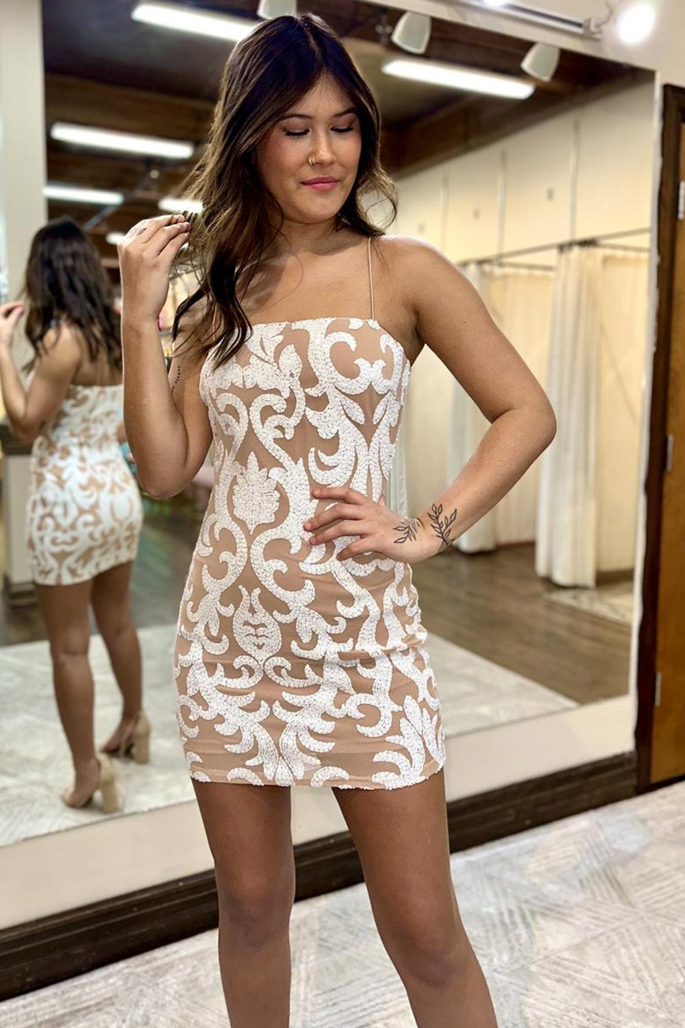 White square sequin bodycon homecoming dress with nude base