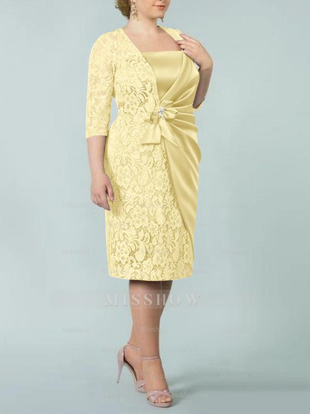 Square Neck Tea-Length Sheath/Column Dresses for the Mother of the Bride