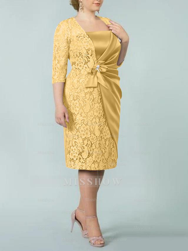 Square Neck Tea-Length Sheath/Column Dresses for the Mother of the Bride