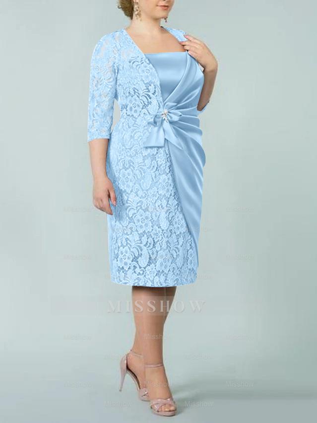 Square Neck Tea-Length Sheath/Column Dresses for the Mother of the Bride