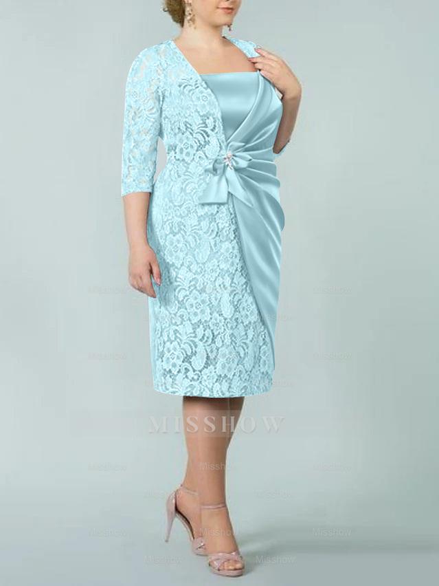 Square Neck Tea-Length Sheath/Column Dresses for the Mother of the Bride