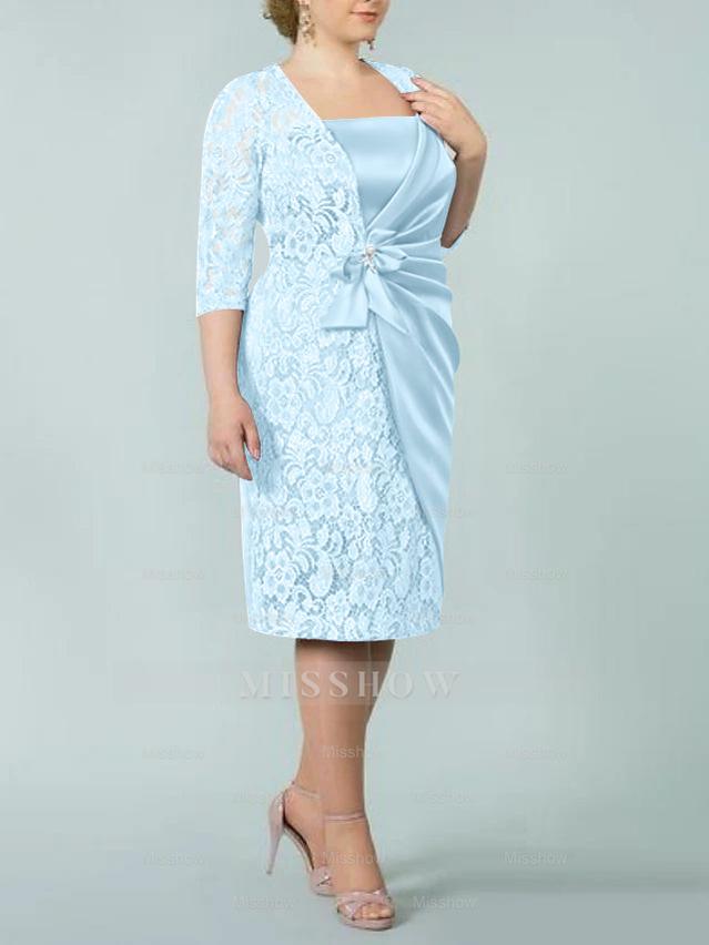 Square Neck Tea-Length Sheath/Column Dresses for the Mother of the Bride