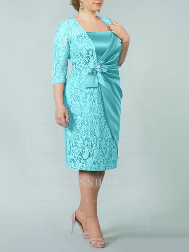 Square Neck Tea-Length Sheath/Column Dresses for the Mother of the Bride