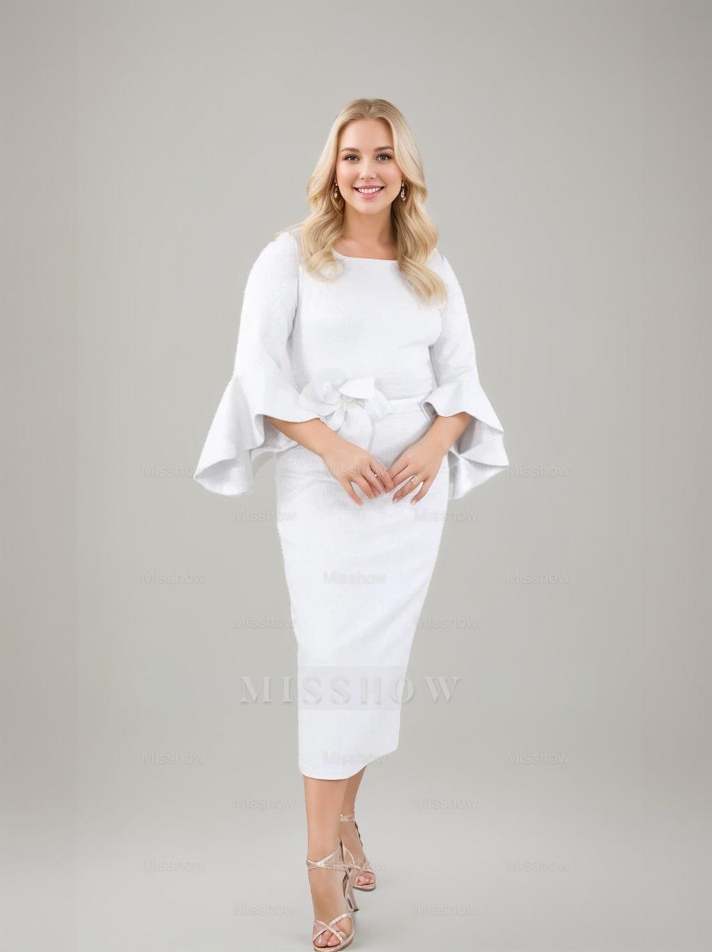 Square Neck Tea-Length Sheath/Column Mother of the Bride Dress with 3/4 Sleeves and Ruffles