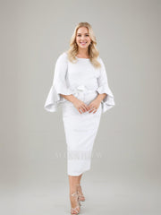 Square Neck Tea-Length Sheath/Column Mother of the Bride Dress with 3/4 Sleeves and Ruffles