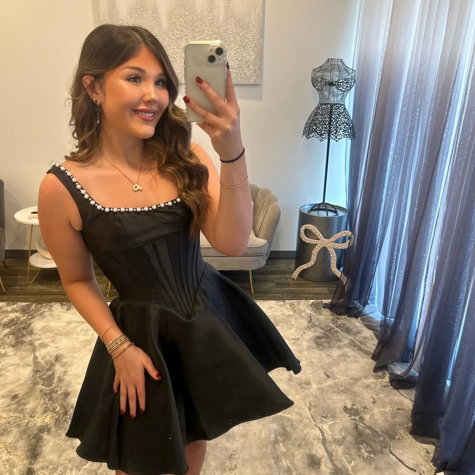 Square Neck Thick Strap Pearl Trim Boned Corset Open Back Satin Fit & Flare A-Line Homecoming Dress Mini