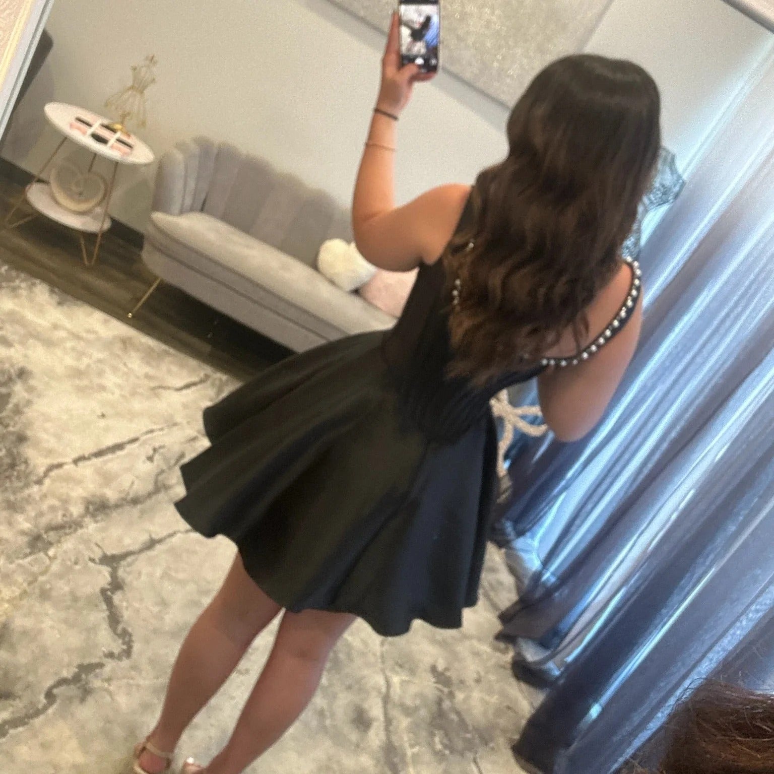 Square Neck Thick Strap Pearl Trim Boned Corset Open Back Satin Fit & Flare A-Line Homecoming Dress Mini
