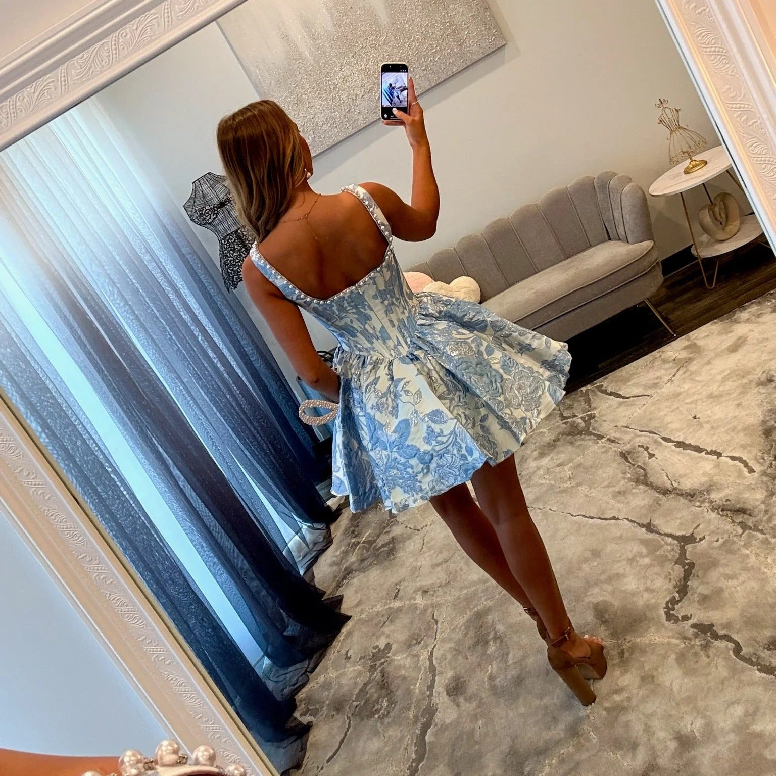 Square Neck Thick Strap Rhinestone Trim Boned Corset Floral Jacquard A-Line Homecoming Dress Mini