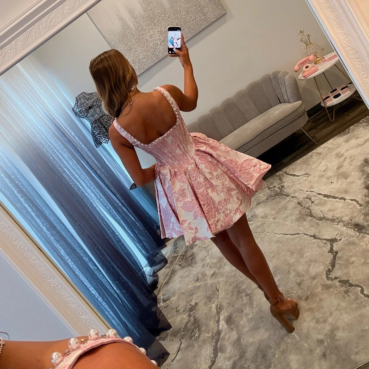 Square Neck Thick Strap Rhinestone Trim Boned Corset Floral Jacquard A-Line Homecoming Dress Mini