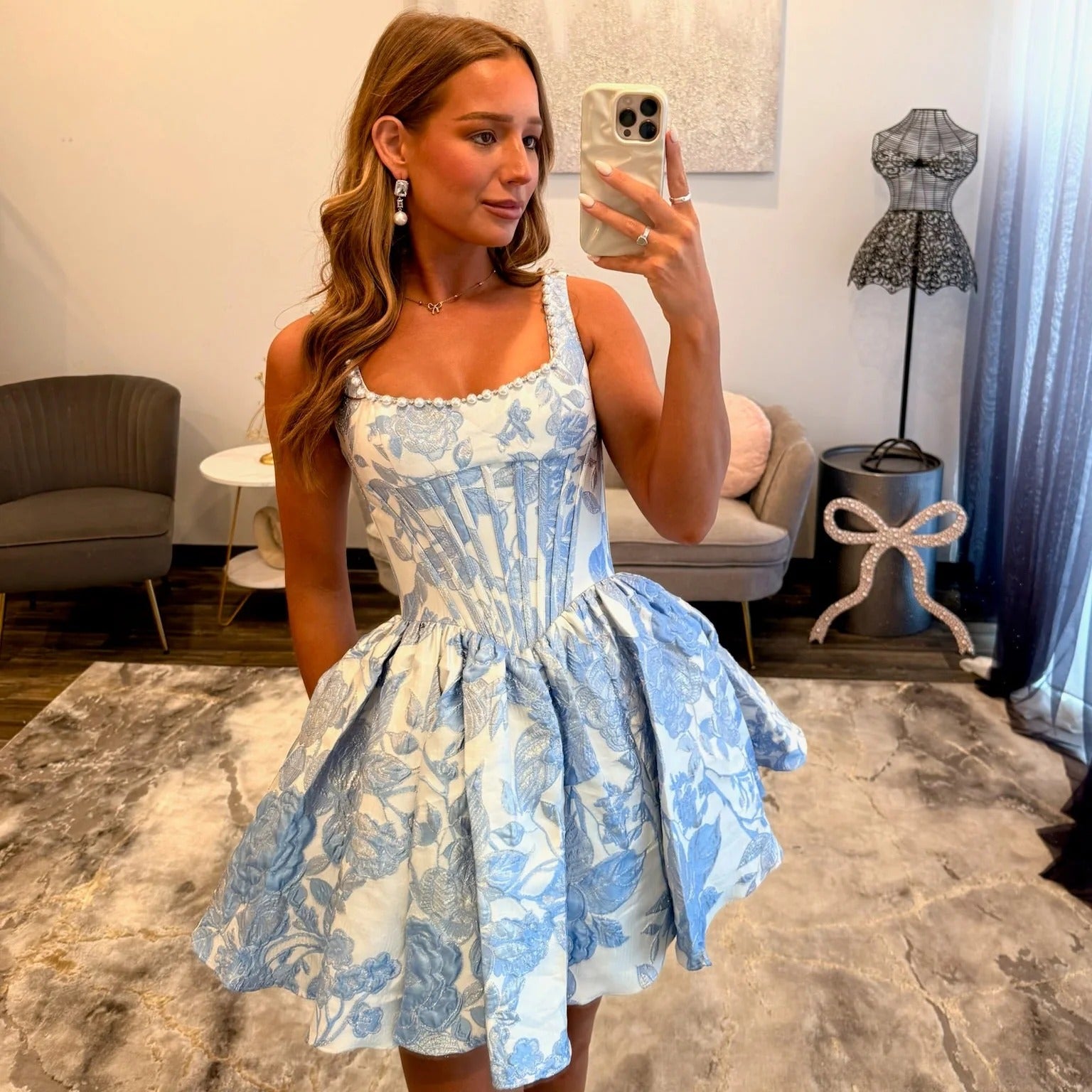 Square Neck Thick Strap Rhinestone Trim Boned Corset Floral Jacquard A-Line Homecoming Dress Mini