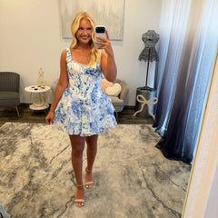 Square Neck Thick Strap Rhinestone Trim Boned Corset Floral Print Chiffon Three-Tier Ruffle A-Line Homecoming Dress Mini